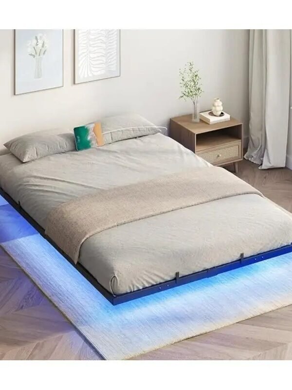 Cama suspensa Cama flutuante Queen Size, estrutura de cama com estação de carregamento e luzes LED, plataforma de metal estilo industrial, tamanho Queen Size, silenciosa, sem necessidade de base de mola, preta moderna ferro quadro cama