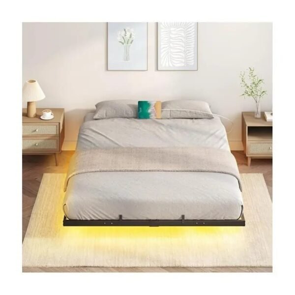 Cama suspensa Cama flutuante Queen Size, estrutura de cama com estação de carregamento e luzes LED, plataforma de metal estilo industrial, tamanho Queen Size, silenciosa, sem necessidade de base de mola, preta moderna ferro quadro cama