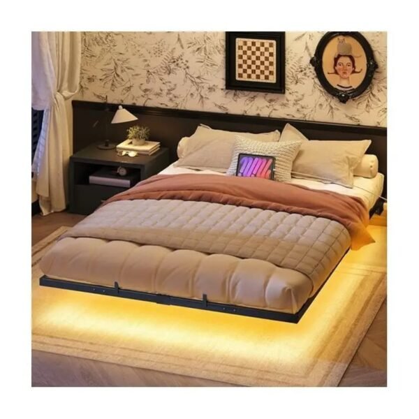 Cama suspensa Cama flutuante Queen Size, estrutura de cama com estação de carregamento e luzes LED, plataforma de metal estilo industrial, tamanho Queen Size, silenciosa, sem necessidade de base de mola, preta moderna ferro quadro cama