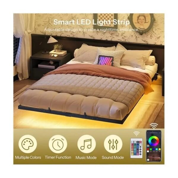 Cama suspensa Cama flutuante Queen Size, estrutura de cama com estação de carregamento e luzes LED, plataforma de metal estilo industrial, tamanho Queen Size, silenciosa, sem necessidade de base de mola, preta moderna ferro quadro cama