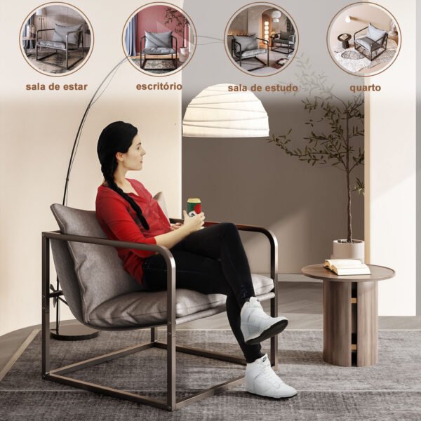 poltrona com estrutura de metal, cadeira de leitura para sala de estar, Sofá preguiçoso sala de estar varanda quarto lounge café b & b hotel sofá casual cadeira，escritório, quarto (cinza)