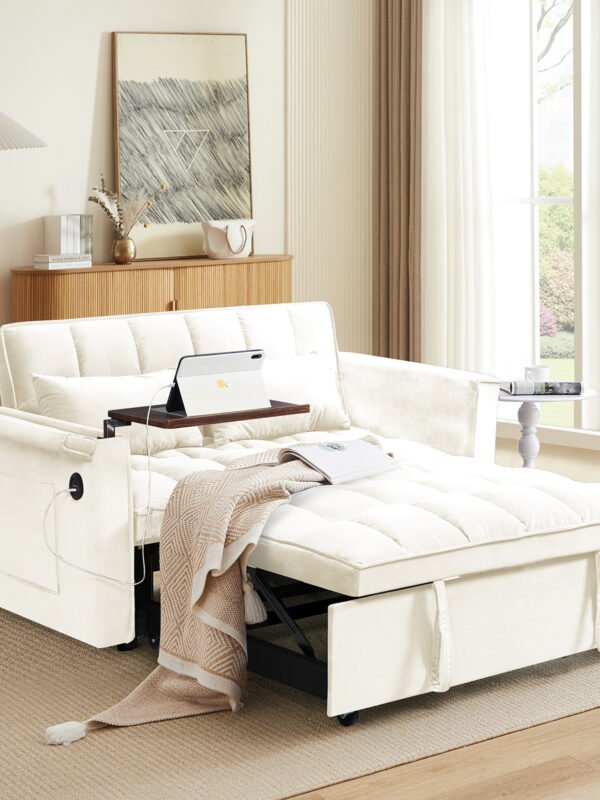 2025081105110238195 3-in-1 foldable sofa bed, modern velvet double sofa, sofa bed with adjustable back, storage bag and pillow, hidden living room laptop desk with USB port, suitable for living room, bedroom(BEIGE)