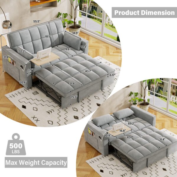 3-in-1 foldable sofa bed, modern velvet double sofa, sofa bed with adjustable back, storage bag and pillow, hidden living room laptop desk with USB port, suitable for living room, bedroom(BEIGE)