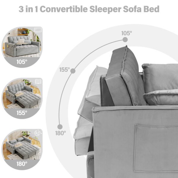 3-in-1 foldable sofa bed, modern velvet double sofa, sofa bed with adjustable back, storage bag and pillow, hidden living room laptop desk with USB port, suitable for living room, bedroom(BEIGE)