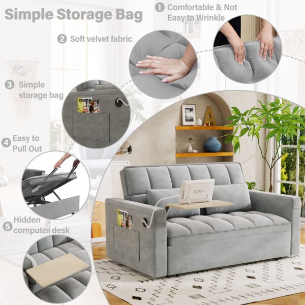 3-in-1 foldable sofa bed, modern velvet double sofa, sofa bed with adjustable back, storage bag and pillow, hidden living room laptop desk with USB port, suitable for living room, bedroom(BEIGE)