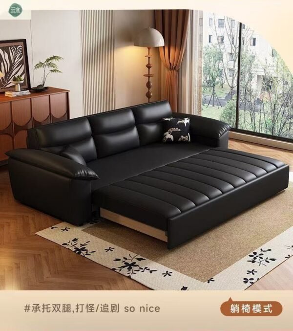 Elephant Ear Mid-Century Modern Living Room Small Space Straight French Retro Style Black Genuine Leather Sofa