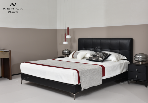 Modern luxury double bed with Nappa leather, suitable for small apartments, master bedroom, Italian minimalist style, storage upholstered bed.