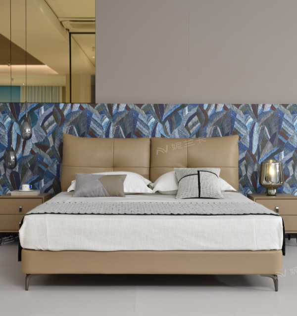 High-end, elegant, modern, light luxury genuine leather king-size bed, Italian minimalist style, double storage bed, solid wood frame bed.