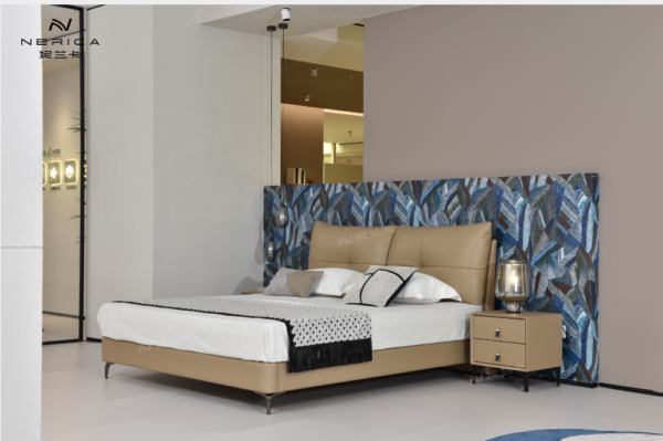 High-end, elegant, modern, light luxury genuine leather king-size bed, Italian minimalist style, double storage bed, solid wood frame bed.