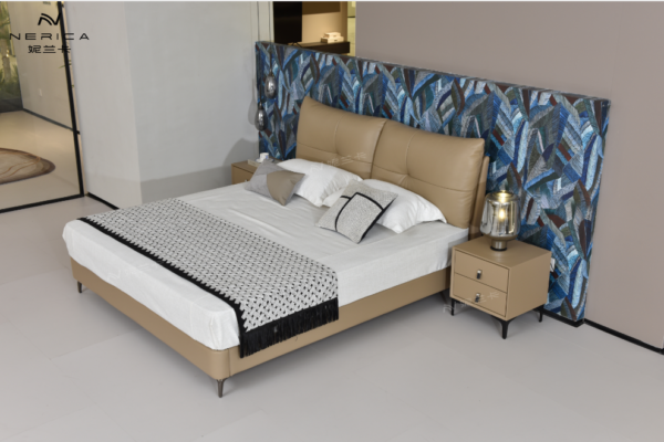 High-end, elegant, modern, light luxury genuine leather king-size bed, Italian minimalist style, double storage bed, solid wood frame bed.