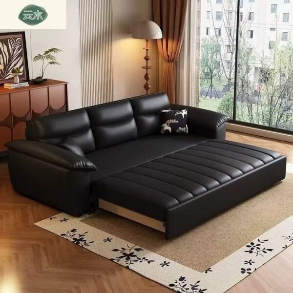 Elephant Ear Mid-Century Modern Living Room Small Space Straight French Retro Style Black Genuine Leather Sofa
