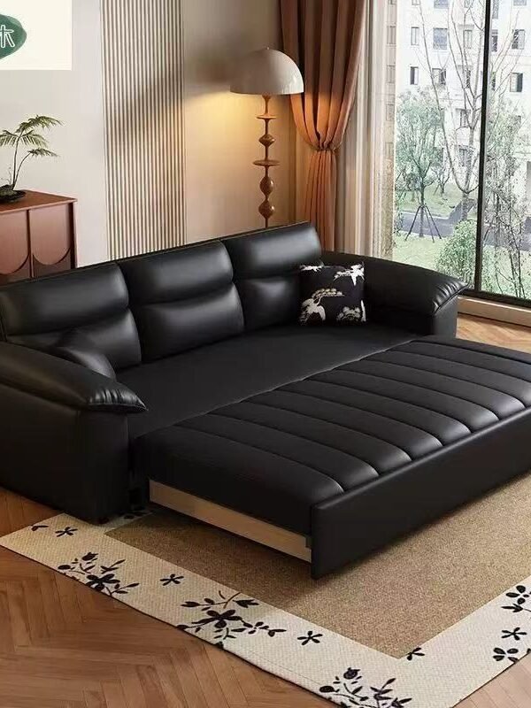 Elephant Ear Mid-Century Modern Living Room Small Space Straight French Retro Style Black Genuine Leather Sofa
